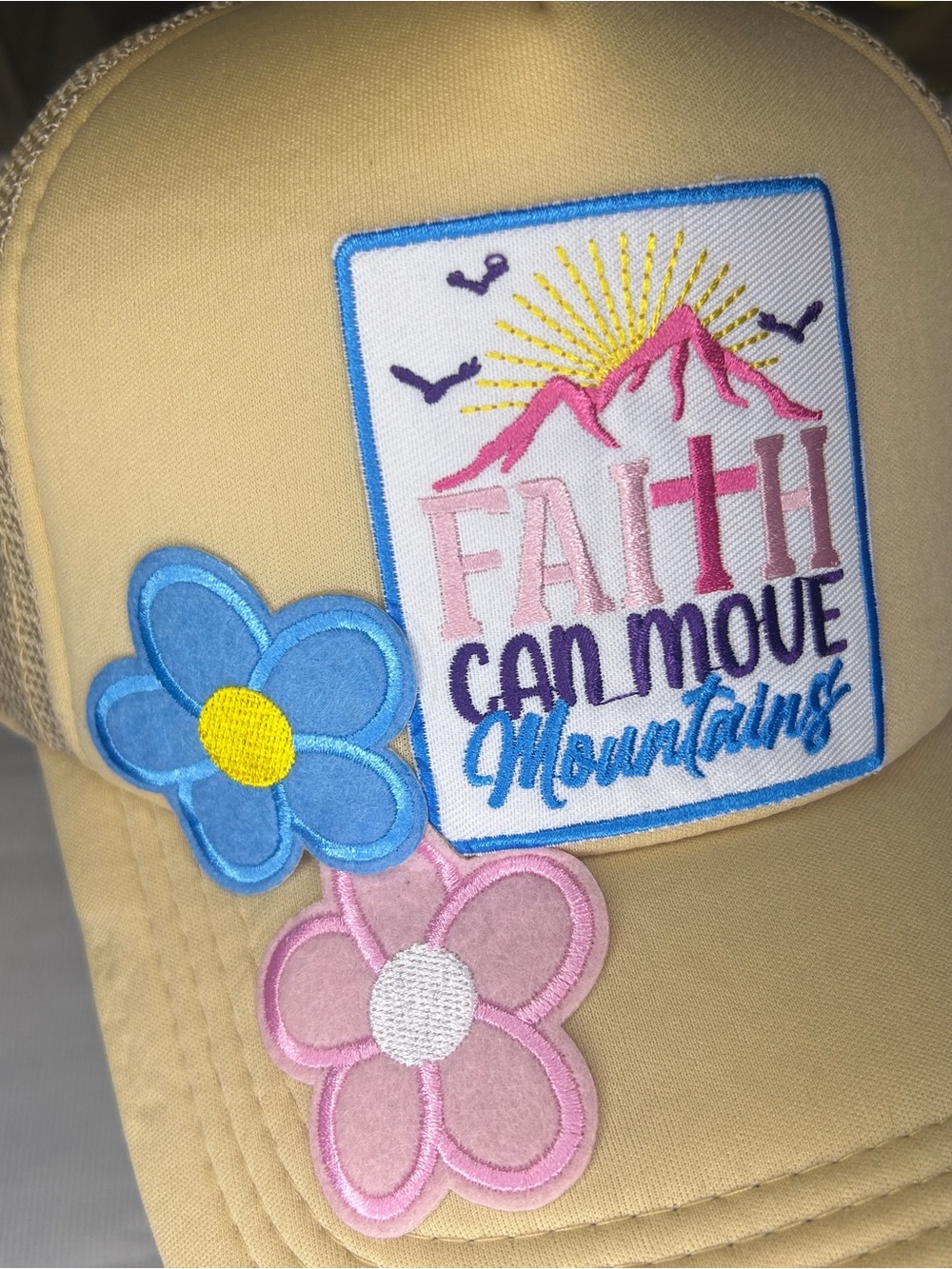 Faith Can Move Mountains Patch Trucker Hat - Yellow with Pink & Blue Flowers